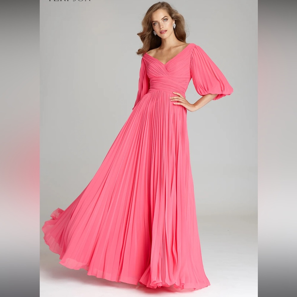 Teri Jon Watermelon Pink Chiffon V Neck Dress Gown